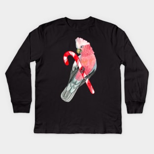 Rose-Breasted Cockatoo Watercolor on Candy Cane Kids Long Sleeve T-Shirt